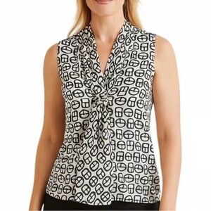 Talbots Silk Black and White Sleeveless Geometric Tie-Neck Blouse Size 14